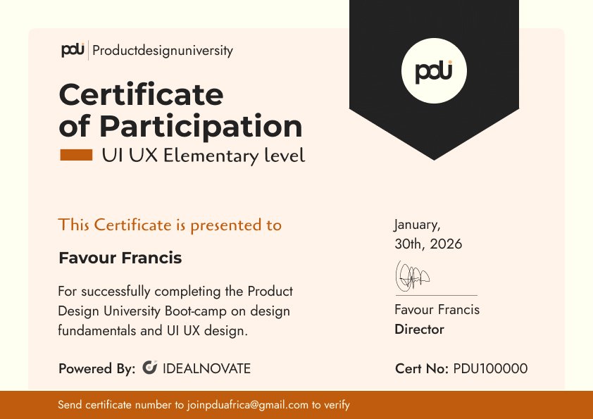 PDU Africa UI/UX Design Certificate Sample